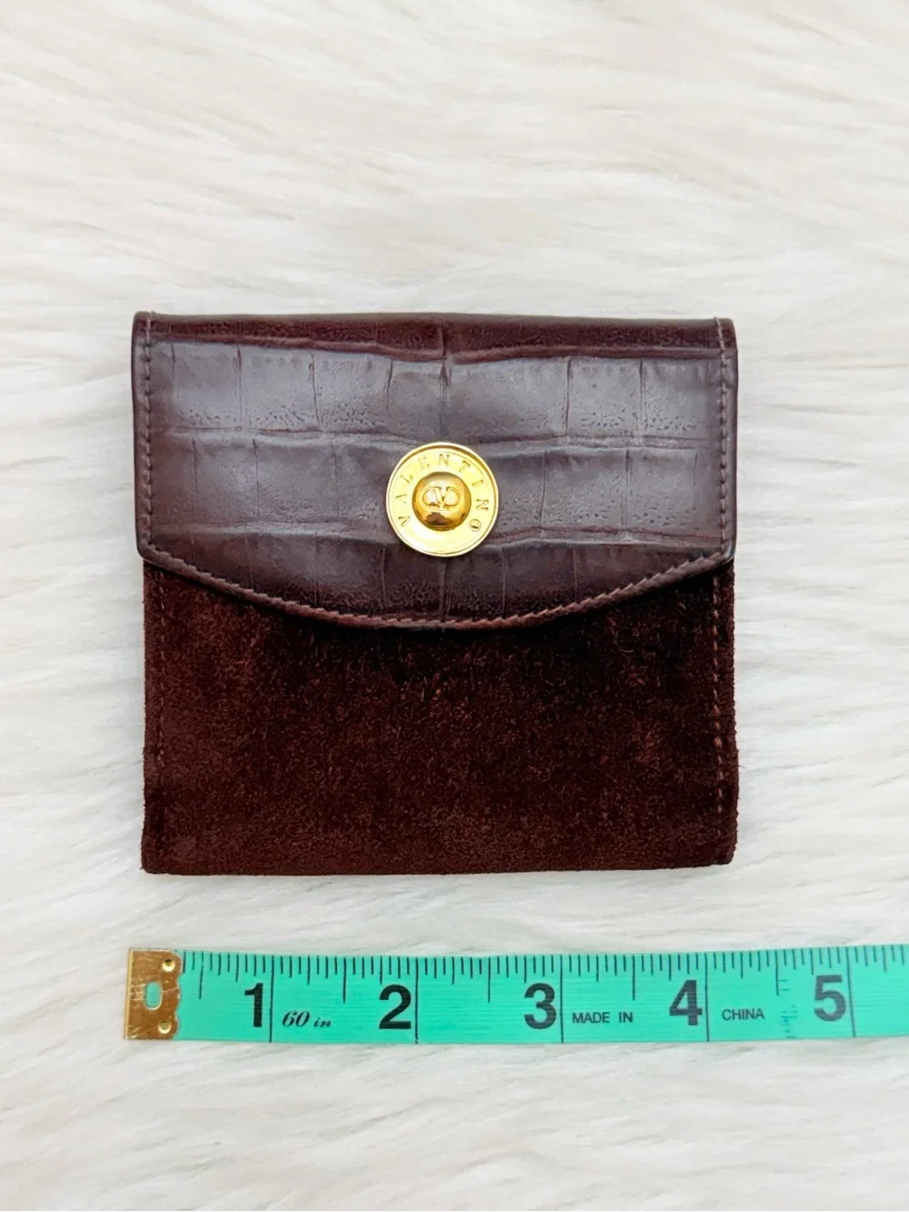 VALENTINO GARAVANI- BURGUNDY BROWN GOLD SUEDE LEATHER COMPACT BIFOLD SNAP WALLET
